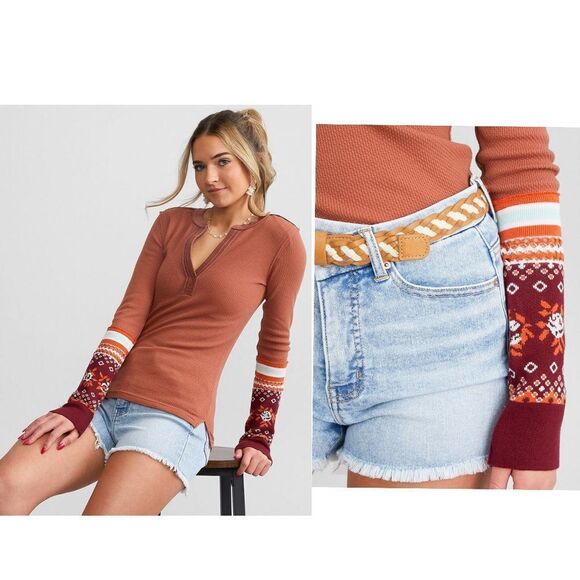 We The Free x Free People Mikah Cuff Layering Thermal Shirt in Autumn - Picture 8 of 12